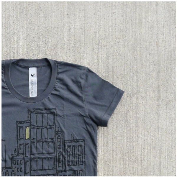 Don't Wait Up - womens tshirt - S/M/L/XL - urban skyline in black and yellow on American Apparel asphalt gray tees - womens fashion