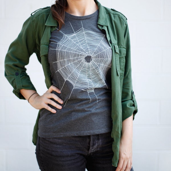 Spiderweb Halloween Tee, Fall Clothing Women, Sustainable Eco-friendly Tops, Spider Web T-shirt, Gothic Women's T shirts