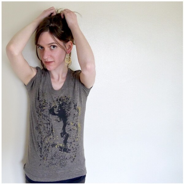 SALE - Women's LARGE t shirt, brown, black, gold - gothic screenprint on American Apparel heather brown - "Heads Will Roll"