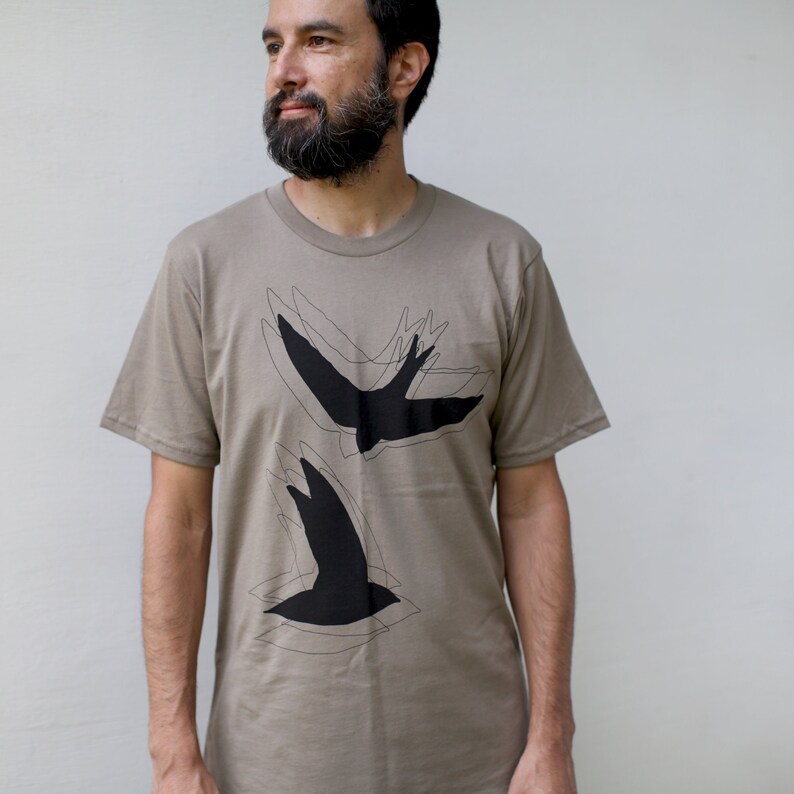 Retro Pair of Flying Blackbirds Chimney Swifts Silhouettes 100% Cotton Unisex Tee Light Brown, Made in the USA Mens Clothing Gift image 2