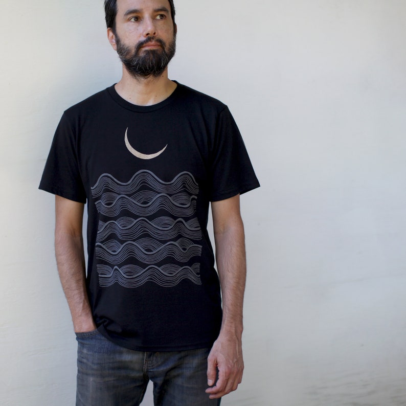 Full Fathoms Nautical T-shirt in BLACK, Ocean Waves and Crescent Moon Screenprint Graphic Tee Shirt image 4