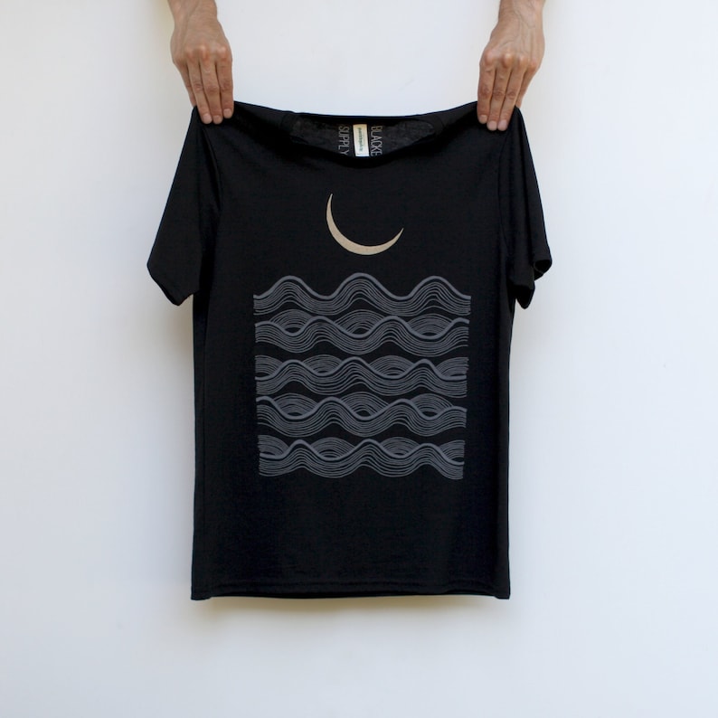 Full Fathoms Nautical T-shirt in BLACK, Ocean Waves and Crescent Moon Screenprint Graphic Tee Shirt image 2