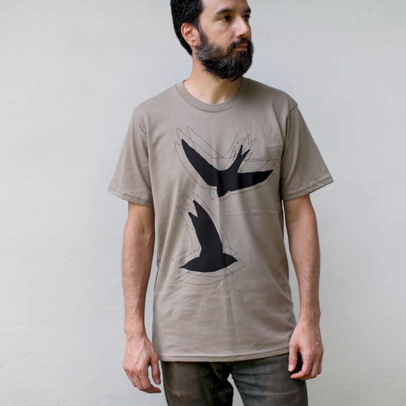 Retro Pair of Flying Blackbirds Chimney Swifts Silhouettes 100% Cotton Unisex Tee Light Brown, Made in the USA Mens Clothing Gift image 6