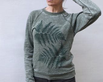 Unisex Fern Leaf Burnout Sweatshirt, Handmade Clothing Gifts for Him or Her, Cozy Raglan Fleece Pullover Men or Women