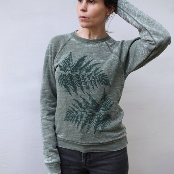 Unisex Fern Leaf Burnout Sweatshirt, Handmade Clothing Gifts for Him or Her, Cozy Raglan Fleece Pullover Men or Women