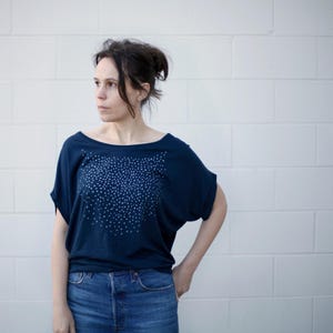Casual Bamboo and Organic Cotton Off the Shoulder Women&#39;s Dolman Sleeve Top, Feminine Eco-friendly Wide Neck Shirt in Dark Navy