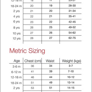 May include: A chart showing baby and kids tee sizing in inches and pounds, and metric sizing in centimeters and kilograms. The chart lists age ranges, chest measurements, waist measurements, and weight ranges.