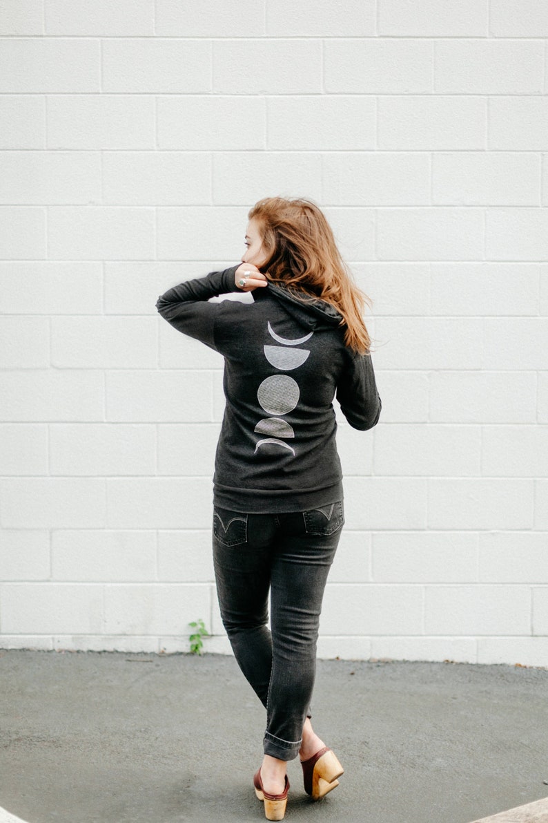 Unisex Lightweight Zip Up Hoodie in Black, Moon Phases Graphic Hoodie, Lunar Phases Screen Print Sweatshirt by Blackbird Supply
