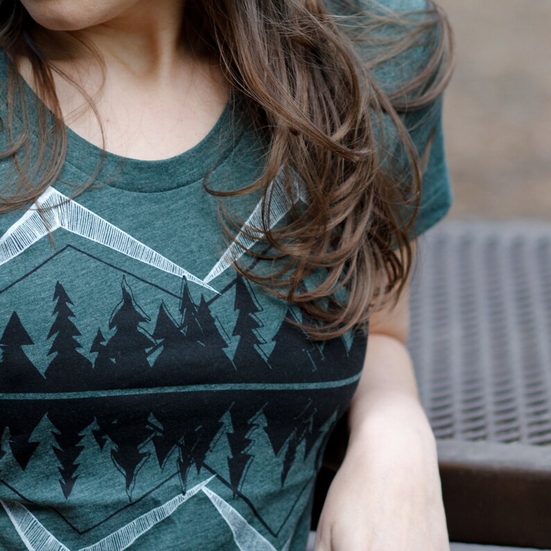 Crater Lake National Park Shirt, Handmade Clothing Gift, Oregon Camping T-shirt, Cascade Mountain Print on Forest Green, Graphic Tees Women 