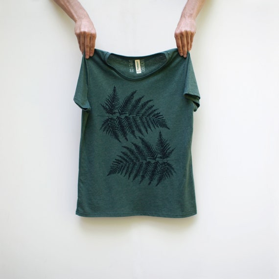 Eco-Friendly Fern Leaf Screen Print T-shirt Forest Green, Summer Style for Women, Hand-printed Botanical Clothing