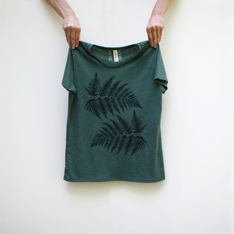 Women's Fern Leaf T-shirt Forest Green, Hand-printed Plant Parent Womens Clothing Mama Gift for Her, Eco-friendly Tops, Nature Lover Shirt image 1