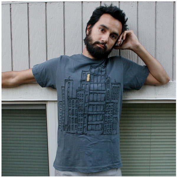 Don't Wait Up T-shirt - unisex large - city print on asphalt gray