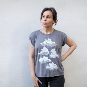 Women's Flowy Boho Top, Cloud Formations Screen Print T-shirt, PNW Shirt, Handmade Clothing Gift for Her, Cumulus Rain Clouds image 6