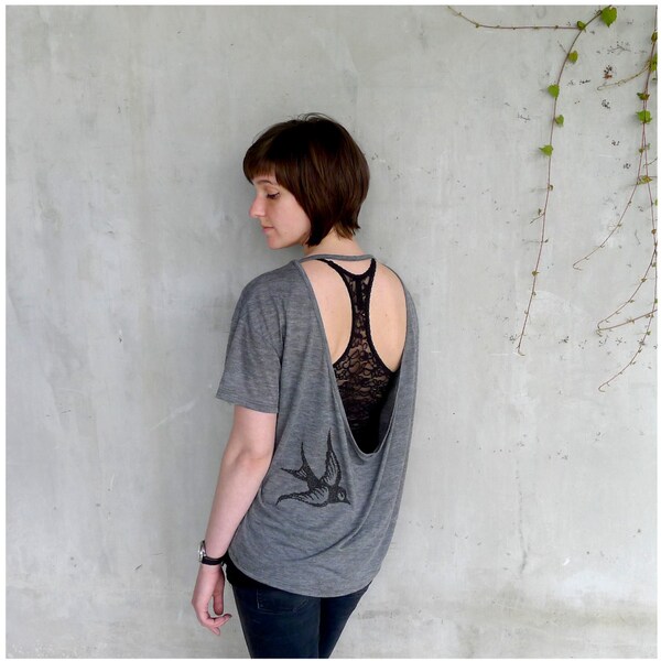 One That Got Away - open back tshirt - S-XL - birdcage print on Alternative Apparel ash gray pony tees - womens fashion