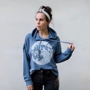 Womens Full Moon Hoodie Sweatshirt in Blue, Cropped Terrycloth Boxy Loose Fit Jumper, Hand Printed Winter Clothing, Best Gift for Her