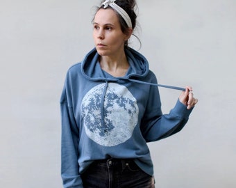 Womens Full Moon Hoodie Sweatshirt in Blue, Cropped Terrycloth Boxy Loose Fit Jumper, Hand Printed Winter Clothing, Best Gift for Her