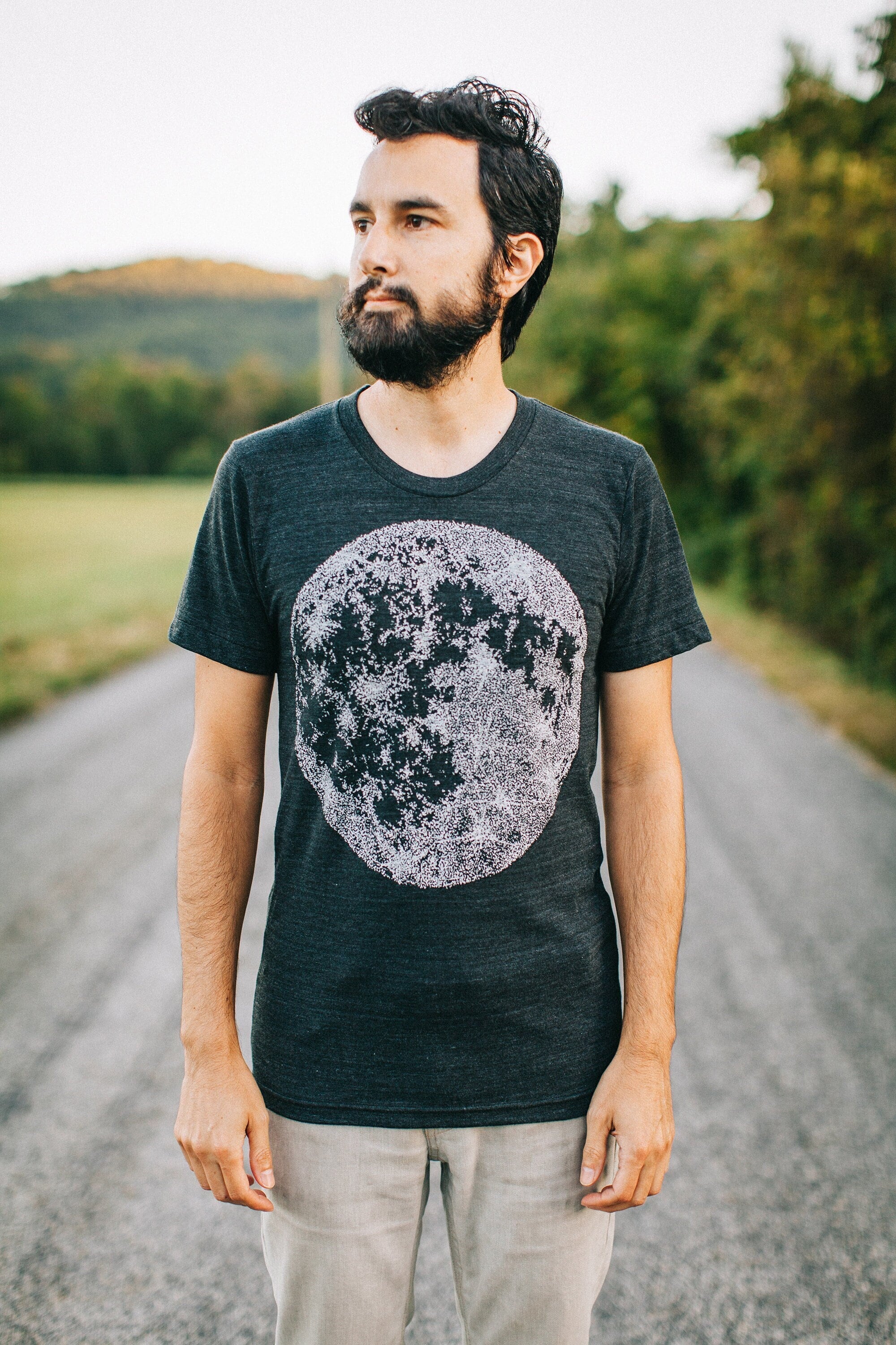 Hand-printed Full Moon Men's Graphic Tee in Tri-blend Black
