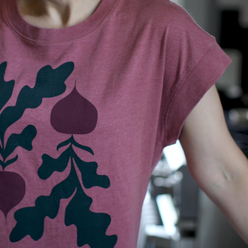 Loose Fit Boxy Tee with Red Beets Botanical Screenprint, Winter Clothing Gift for Women image 5