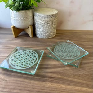 Dessous de verre Fleur de vie : décoration géométrique sacrée, cristal de recharge (Ensemble de 4)