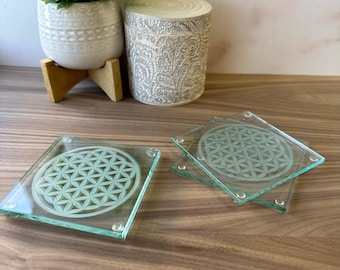 Flower of Life Glass Coasters: Sacred Geometry Decor, Crystal Recharging