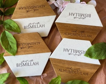 Marble & Acacia Wood Coasters: Bismillah Alhumdulilah, Islamic Decor