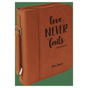 Custom Bible Cover - &#39;Love Never Fails&#39; Quote - Personalized Christian Gift, Faux Leather, Zippered Case, Inspirational Keepsake