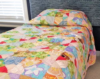 Vintage Hand Stitched Quilt Polyester Vintage Fabrics Colorful Floral Handmade