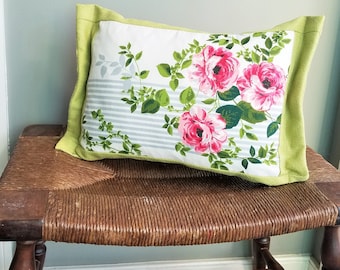 Vintage Rose Fabric Vintage Barkcloth Fabric Shabby Chic Farmhouse Pillow Lumbar Down Filled
