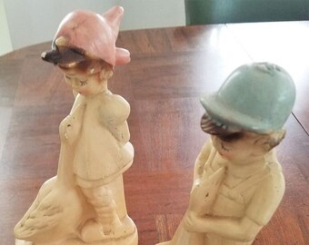 Vintage Chalkware Boy and Girl with Goose Figurines Bookends Sculpture Set of 2