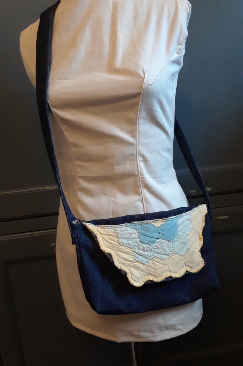 Vintage Quilt Denim Crossbody bag Teal OOAK