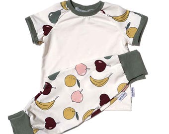 Handmade Organic Cotton Baby Outfit – Fruit Print T-Shirt & Pants