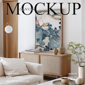 Floating Canvas Mockup, Gerahmte Leinwand an die Wand gelehnt für Grafik und Malerei, Canvas Floater Rahmen im modernen Wohnzimmer-Interieur, PSD