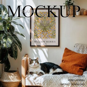 Katzenrahmen Mockup, Dark Frame Mock Up für Wandkunst, Poster Mock Up mit Katze für Digitaldrucke, Rahmen Mock Up in Boho Interior Szene mit Haustier