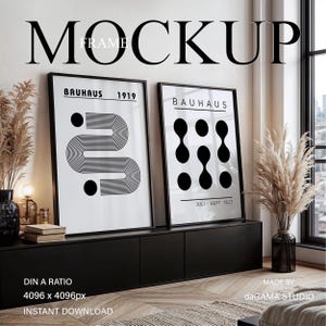 Conjunto de dois mockups de moldura grande, 2 molduras pretas em interior de sala moderna para arte de parede, mockups de pôsteres com moldura dupla para impressões digitais, PSD