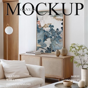 Rahmen Canvas Mockup, Floating Leinwand auf Konsole für Malerei, Floating gerahmte Leinwand im modernen Wohnzimmer Interior, DIN A Realistisches Mockup