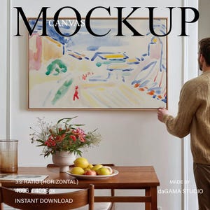 Horizontale Leinwand Mockup mit Person, Landschaft gerahmte Leinwand an Wand für Malerei, Floating Rahmen Leinwand im Esszimmer mit Mann, Photoshop
