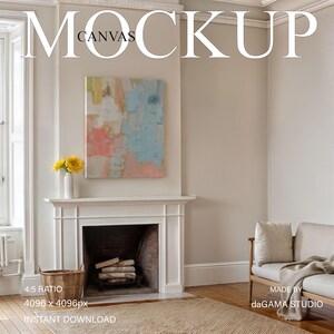 Leinwand Mockup in Luxus-Interieur, Wrap Leinwand Mock-up Wand Kunst, 4:5 ungerahmt Leinwand über Kamin, Mockup Display, PSD Photoshop