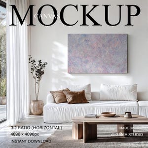 Canvas Mockup Horizontale 2:3, Landschaft auf Wand im modernen Wohnzimmer, Wrap Canvas Mockup für Malerei und Drucke, Wall Art Mockup