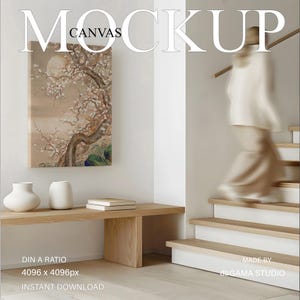 Leinwand Mockup mit Person, Mockup für Wand Kunst und Druck, DIN A Leinwand im Boho Interieur mit Frau, Ungerahmt Leinwand