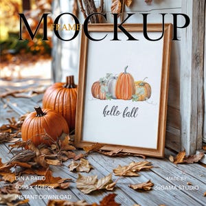 Halloween Rahmen Mockup, Herbst Bilderrahmen für Kunstwerke, Poster Mockup mit Kürbissen für den Herbst, Holzrahmen für Digitaldrucke
