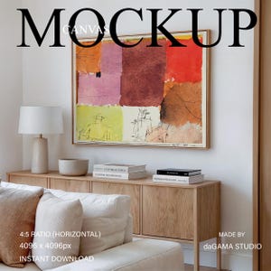 Floating Canvas Mockup, Horizontale Leinwand für die Malerei, Landschaftsleinwand im Innenraum mit Sofa, Float Canvas für Wandkunst, PSD