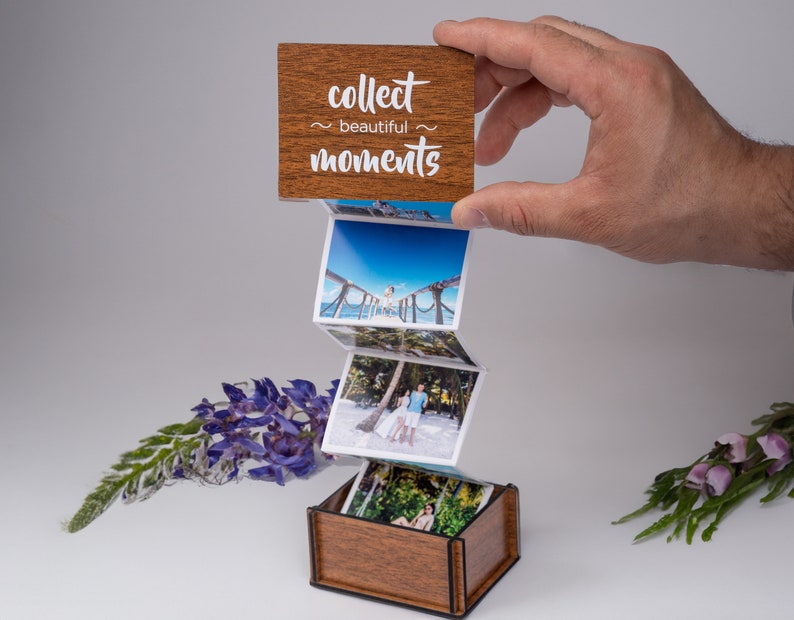 Personalized pull out photo album in a wooden box
