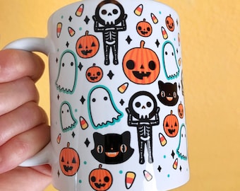 Cute Halloween Mug - Skeleton Jack O Lantern Ghost Candy