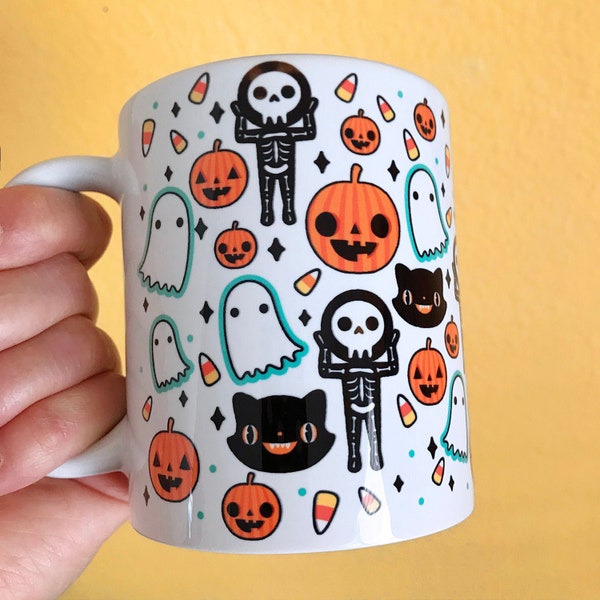 Cute Halloween Mug - Skeleton Jack O Lantern Ghost Candy