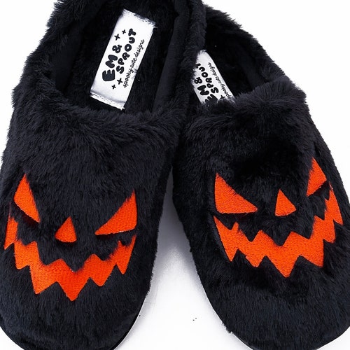 Halloween Fuzzy House Slippers - Jack O Lantern Pumpkin Shoes -CLOSED TOE