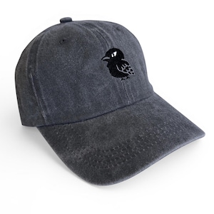 May include: A charcoal gray baseball cap with a distressed, washed-out texture. The front panel features a small, embroidered graphic of a black bird with a white eye, depicted in a simple, stylized, and rounded cartoon-like design.