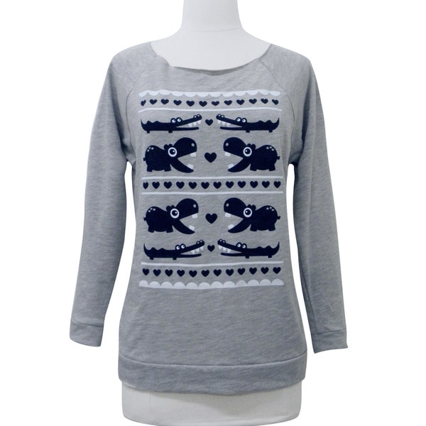 Hippo Crocodile Sweater - Lightweight Scoop Neck 3/4 Sleeve Raglan Sweatshirt - Size Small - CLEARANCE