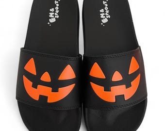 BLACK Halloween Jack O Lantern Slides - Women&#39;s Sizes 6-12