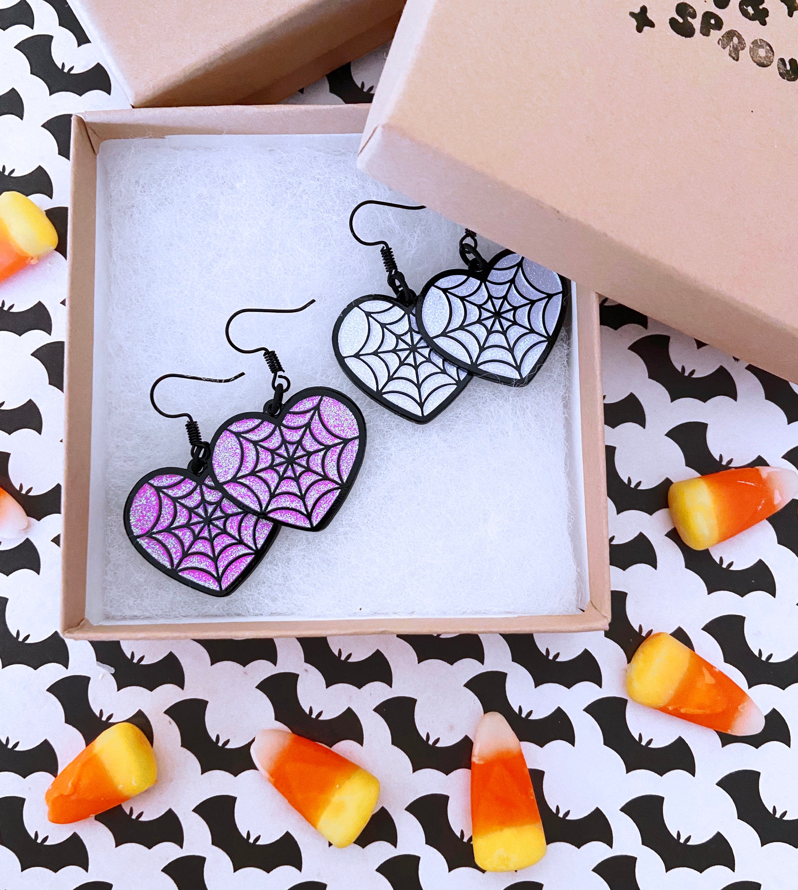 Glitter Spiderweb Heart Earrings - Your Color Choice