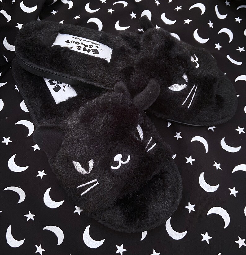 Black Cat Slippers Womens Sizes 6 12 Etsy